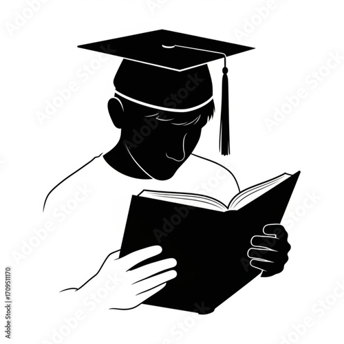 Illustration of a graduate reading a book while wearing a graduation cap and tassel on white background created with generated ai