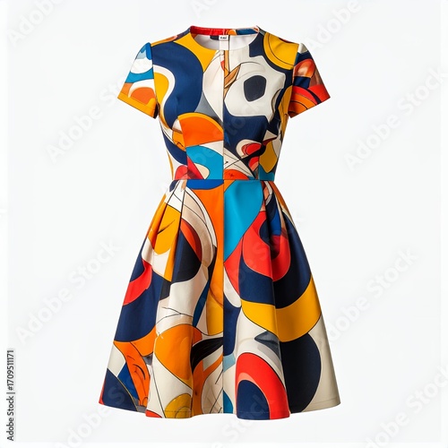 Colorful geometric pattern dress displayed on a clean white background, highlighting design