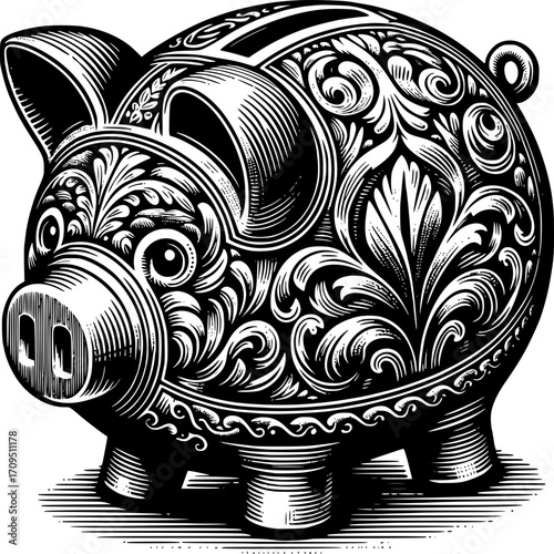 Ornate Piggy Bank: A detailed, decorative illustration of a classic piggy bank, featuring intricate floral and foliate patterns that add a touch of elegance to the financial concept.