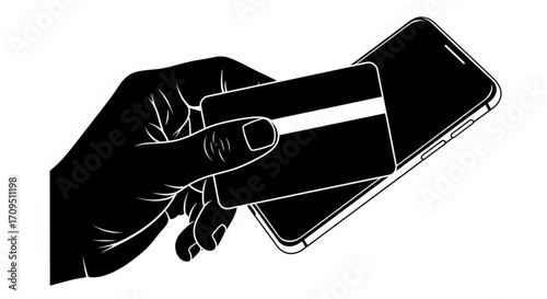 A hand holding a credit card over a smartphone for a contactless payment transaction illustration created with generated ai