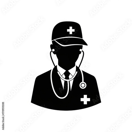 Silhouette of a doctor wearing a cap and stethoscope with a cross on his cap and coat design created with generated ai