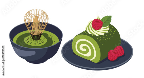 Delicious green tea matcha dessert and beverage preparation.