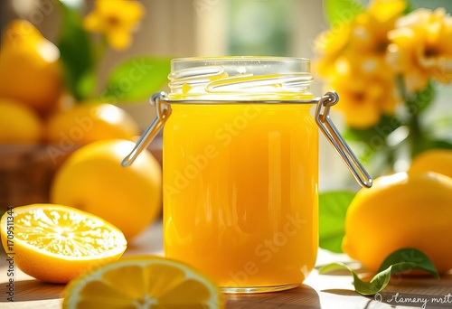 Sunlit jar of vibrant homemade lemon curd, thick texture visible,   cooking,  dessert