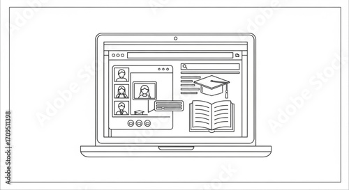 Laptop displaying online education interface with video call and study material interface showing book and cap created with generated ai