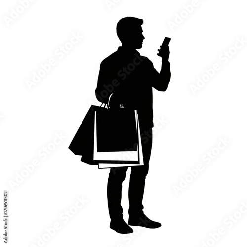 Silhouette of a man holding shopping bags and looking at his phone on a white background image view created with generated ai