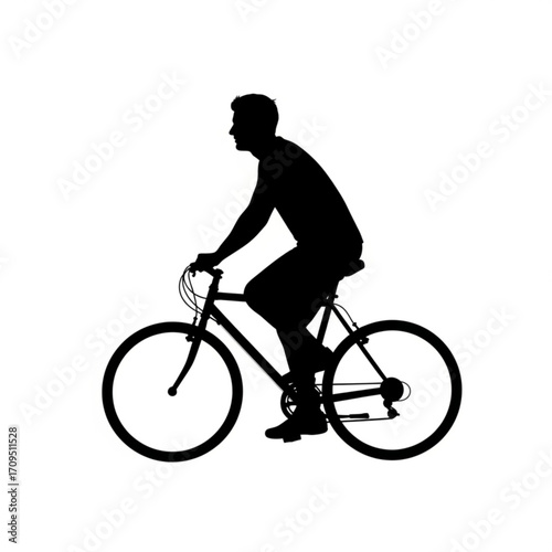 Silhouette of a man riding a bicycle with a classic frame and visible pedals in a side view on white background created with generated ai