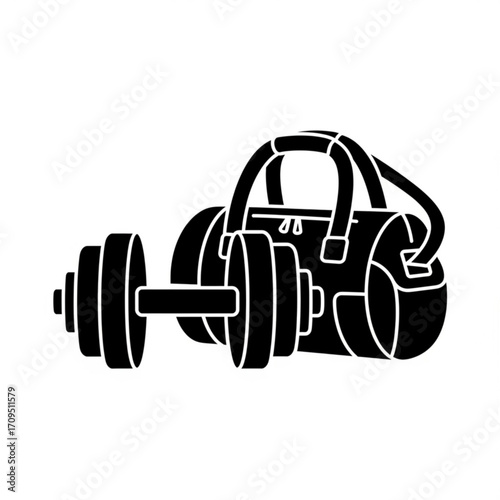Silhouette illustration of a dumbbell resting against a gym bag with handles and shoulder strap visible created with generated ai