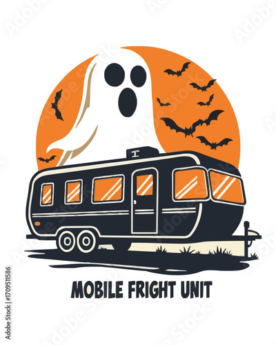 Cartoon ghost with trailer, Halloween mobile fright unit