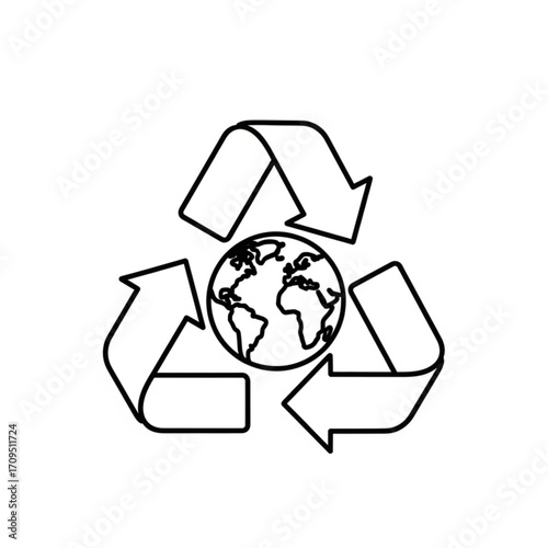Outline of recycle symbol with three arrows surrounding a globe representing earth and environment created with generated ai