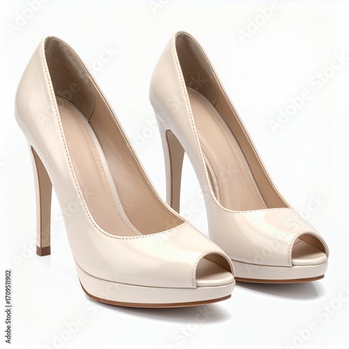 Elegant peep-toe high heels in a pale cream color, photographed against a stark white backdrop
