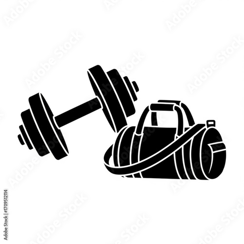 Silhouette of a dumbbell with weight plates and a cylindrical gym bag on a white background design element created with generated ai