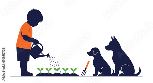 A child waters young plants in a garden with two dogs watching.