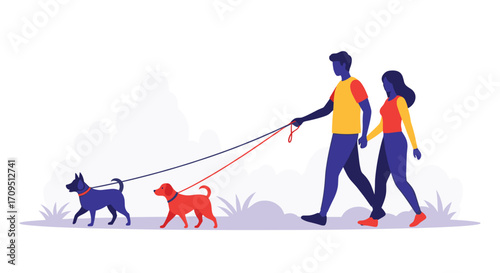 A couple walking their dogs outdoors in a park environment.