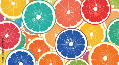 A vibrant and colorful collage of various citrus fruit slices creating a cheerful and lively abstract pattern.