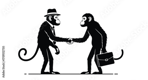Two anthropomorphic monkeys dressed in suits shake hands while one holds a briefcase in a surreal illustration.