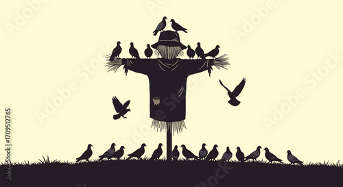 A lone scarecrow stands silhouetted against a pale sky as many birds perch on and around it.