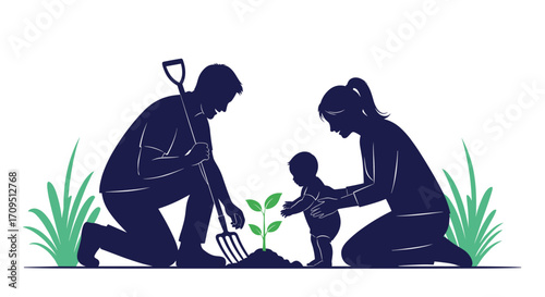 A family plants a new tree together symbolizing growth and nurture.
