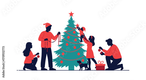 A happy family decorates a christmas tree together at home during the holiday season.