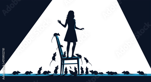 A young woman stands on a chair surrounded by many rats.