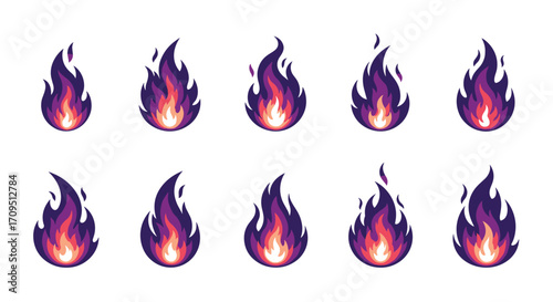 Pixel art animation sequence of glowing purple and orange flames.