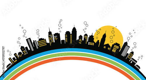 A vibrant cityscape silhouette against a colorful arched background with a sun emblem.