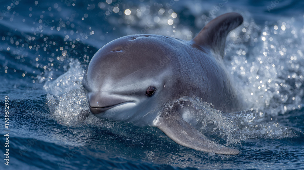 Obraz premium Vaquita Porpoise Critically Endangered. A single Vaquita swimming gracefully in the Gulf of California, emphasizing its status as the world's most endangered marine mammal.
