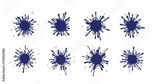 A collection of eight navy blue ink splatters on a white background.