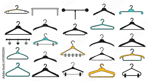 A collection of various hangers for clothes and garments.