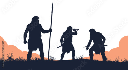 Prehistoric hunters in silhouette against a hazy sky with spears and clubs.