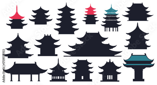 Collection of traditional East Asian pagoda and temple architectural silhouettes.