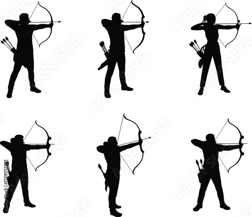 Archer silhouettes, bow and arrow icons, archery sport vector, hunting clipart set, target shooting outline art, quiver design pack, sports archery illustration collection