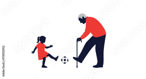 Grandfather and granddaughter enjoying a game of soccer together outdoors.