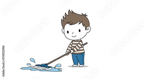 A cute cartoon boy is happily mopping a wet floor with a mop and bucket.