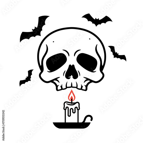 Skull with Candle and Bats - Halloween Vibe Vector