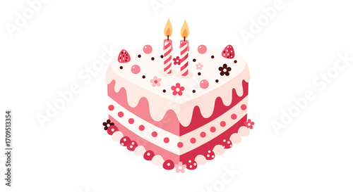 A delightful heart-shaped cake adorned with two lit candles and festive decorations is ready for a celebration.