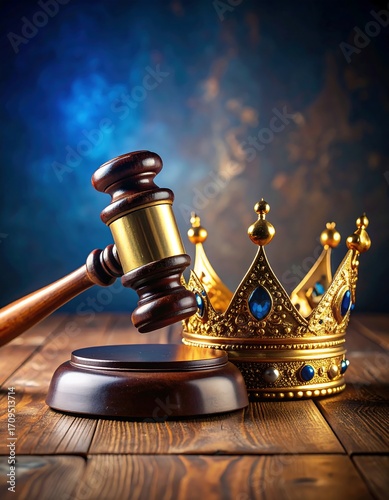 A wooden gavel and golden crown on a rustic table, symbolic of royal judgment