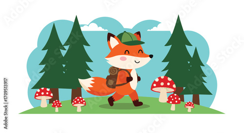 A cute cartoon fox wearing a backpack and hat goes on a woodland adventure.
