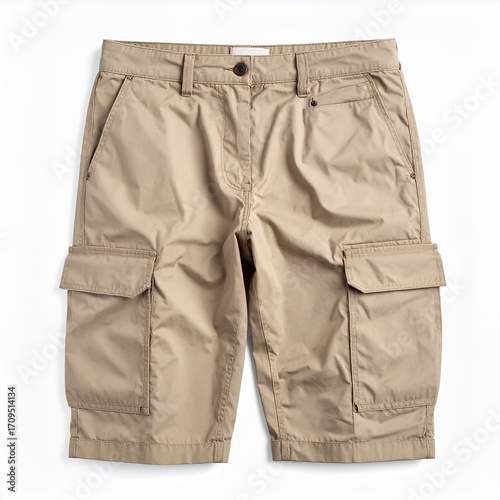 Beige cargo shorts displayed on white background, capturing casual fashion apparel