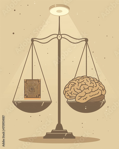 Conceptual illustration of a human brain and a computer chip being weighed on a balance scale, symbolizing the comparison of natural and artificial intelligence