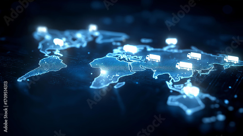 Real-Time Fleet Tracking Logistics. Modern dashboard with a world map showing multiple moving delivery truck icons, representing GPS and IoT technology.