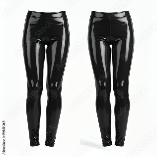 Two pairs of shiny black leggings on a clean white background providing a modern presentation