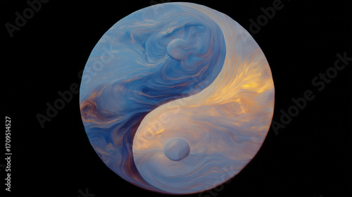 Winter Solstice Yin Yang Balance. A serene, abstract image representing the longest night welcoming the gradual return of the sun, symbolizing balance and renewal.