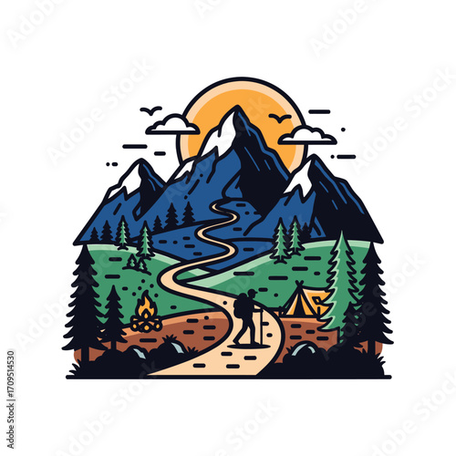 Mountain hiker campfire tent sun vector