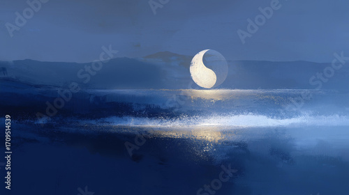 Winter Solstice Yin Yang Balance. A serene, abstract image representing the longest night welcoming the gradual return of the sun, symbolizing balance and renewal.