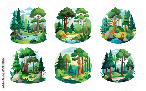 Six idyllic forest scenes nature landscapes trees mountains rivers