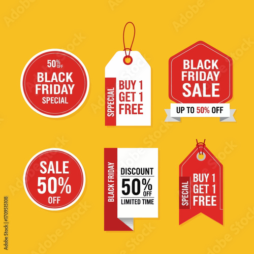 Black Friday sale tags and stickers with discounts and special offers.
