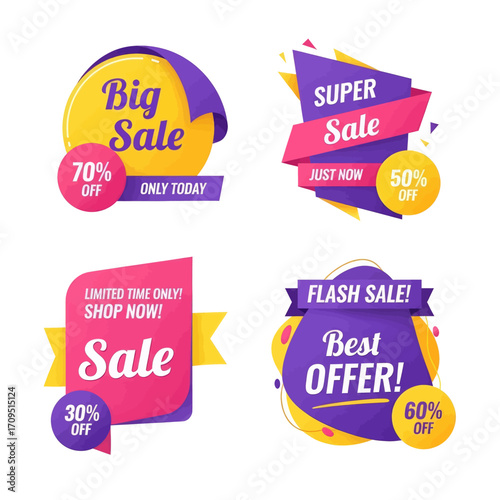 Four colorful sale banners with different discount offers.
