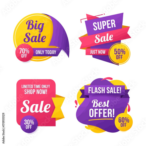 A collection of four colorful and modern sale banners with different discount percentages.