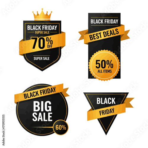 Black Friday sale promotional badges with golden ribbons and percentage discounts.