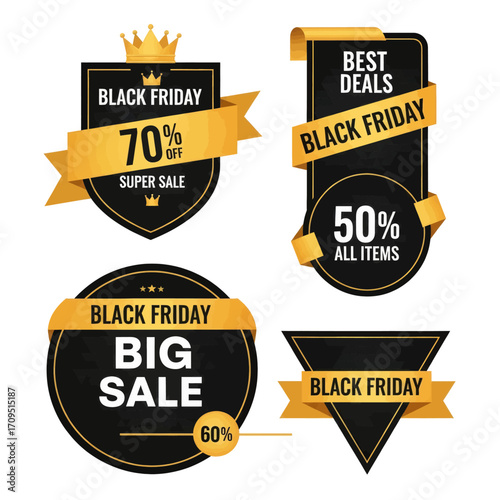 A collection of four distinct Black Friday sale badges and labels, designed in an elegant black and gold color scheme with various discount offers.